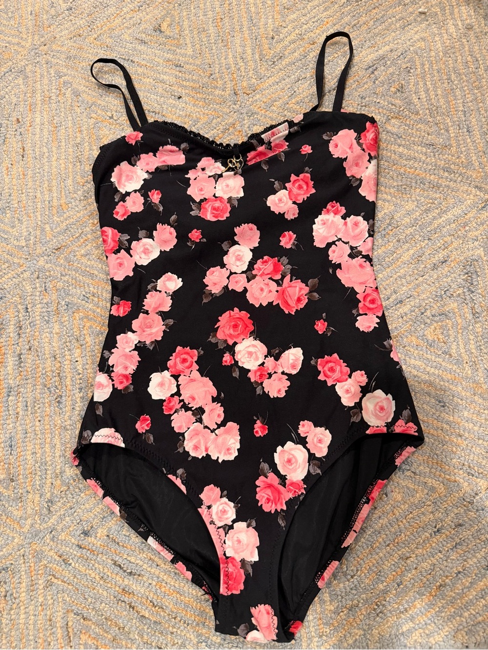 Juicy Couture Black Floral Feminine One-Piece Swimsuit with Pink Rose Print